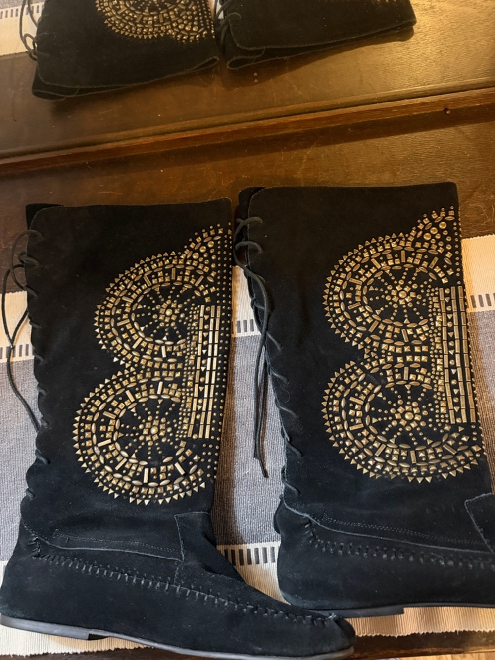 Jeffrey Campbell Black Suede Lace-Up Boots with Gold Stud Embellishments - Picture 3 of 6